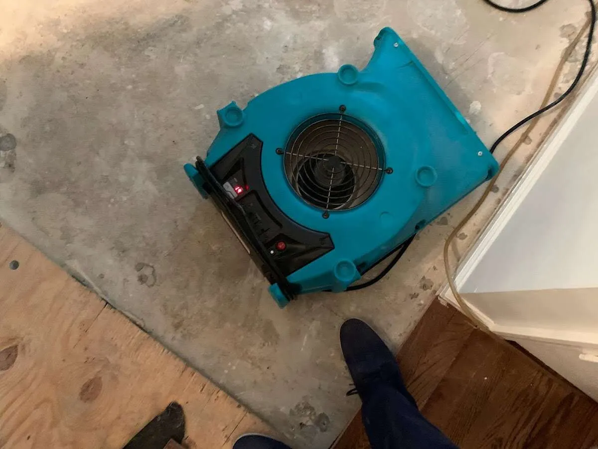 Air mover drying subfloor during Leak Detection & Repair in Campbell